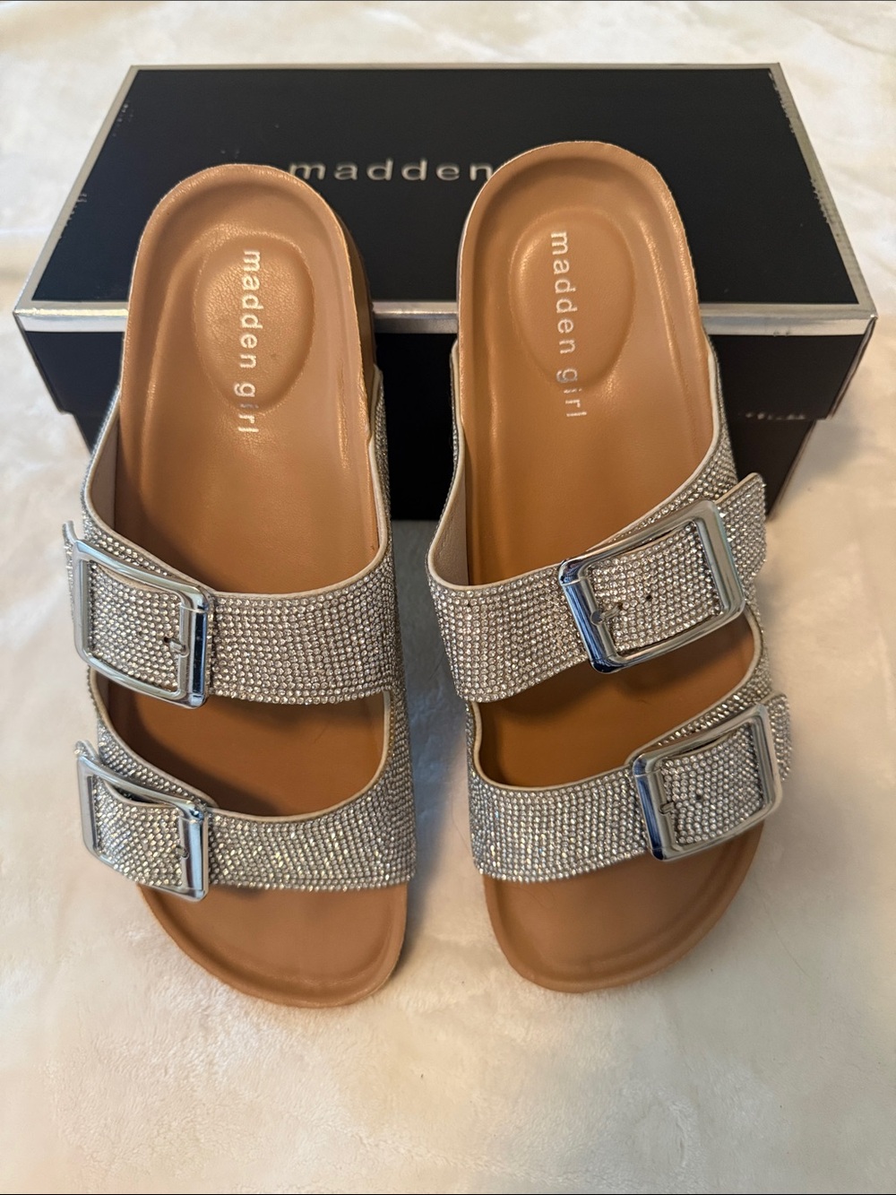 Madden Girl Silver Rhinestone Double-Buckle Slide Mules